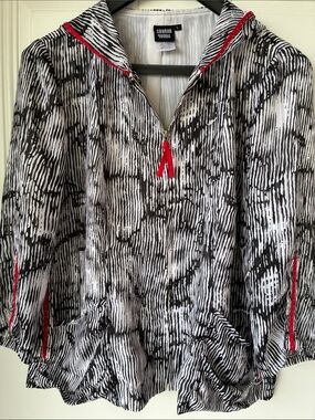 Sharon Young Black & White Striped Abstract Pullover with Red Trim